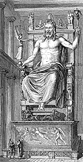 Reconstitution par la gravure de la statue de Zeus dans le temple d'Olympie.