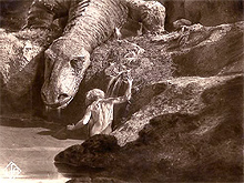 Le nain devenu dragon Fafnir tué par Siegfried (d'après une iconographie récente).