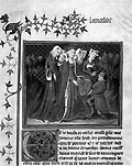Page de garde du Lancelot en prose, sur laquelle on peut reconnaître Lancelot et Guenièvre.